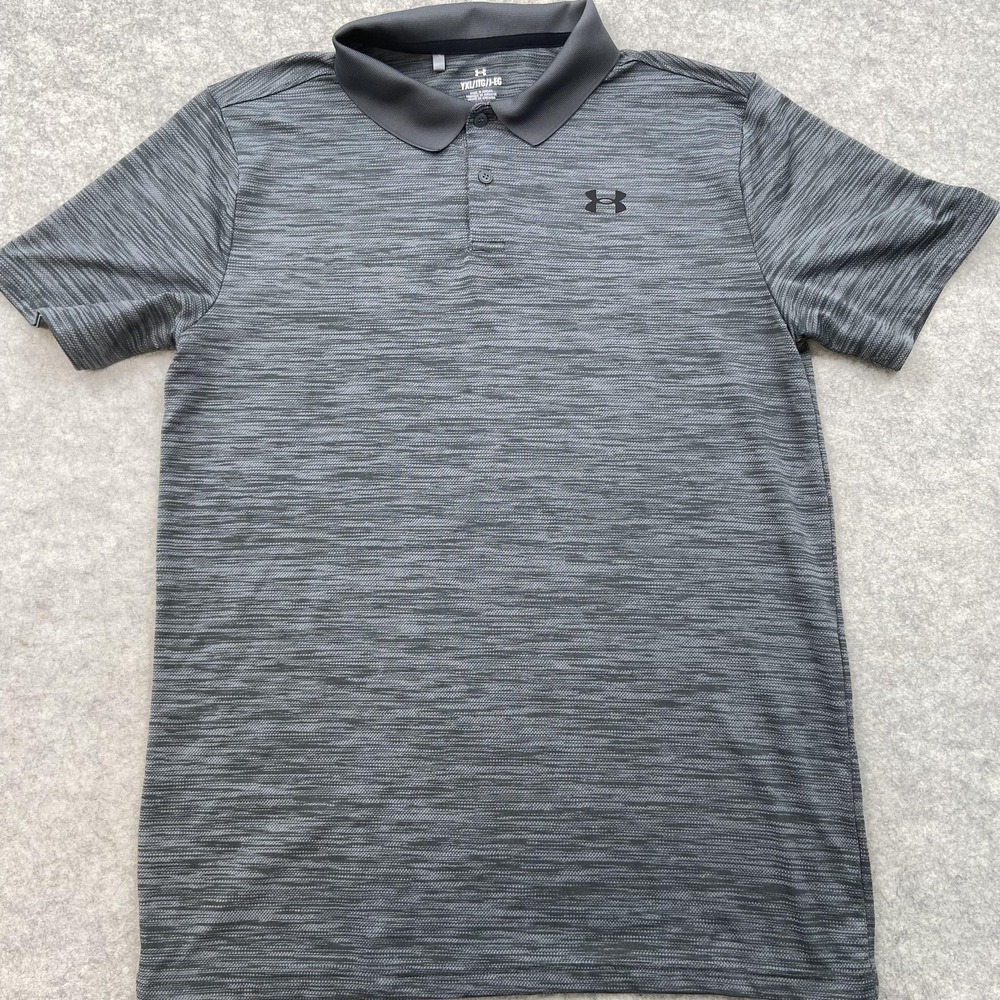 Under Armour Boys Gray Space Dye Stripe Polo Shirt Youth XL 18-20 Short Sleeve